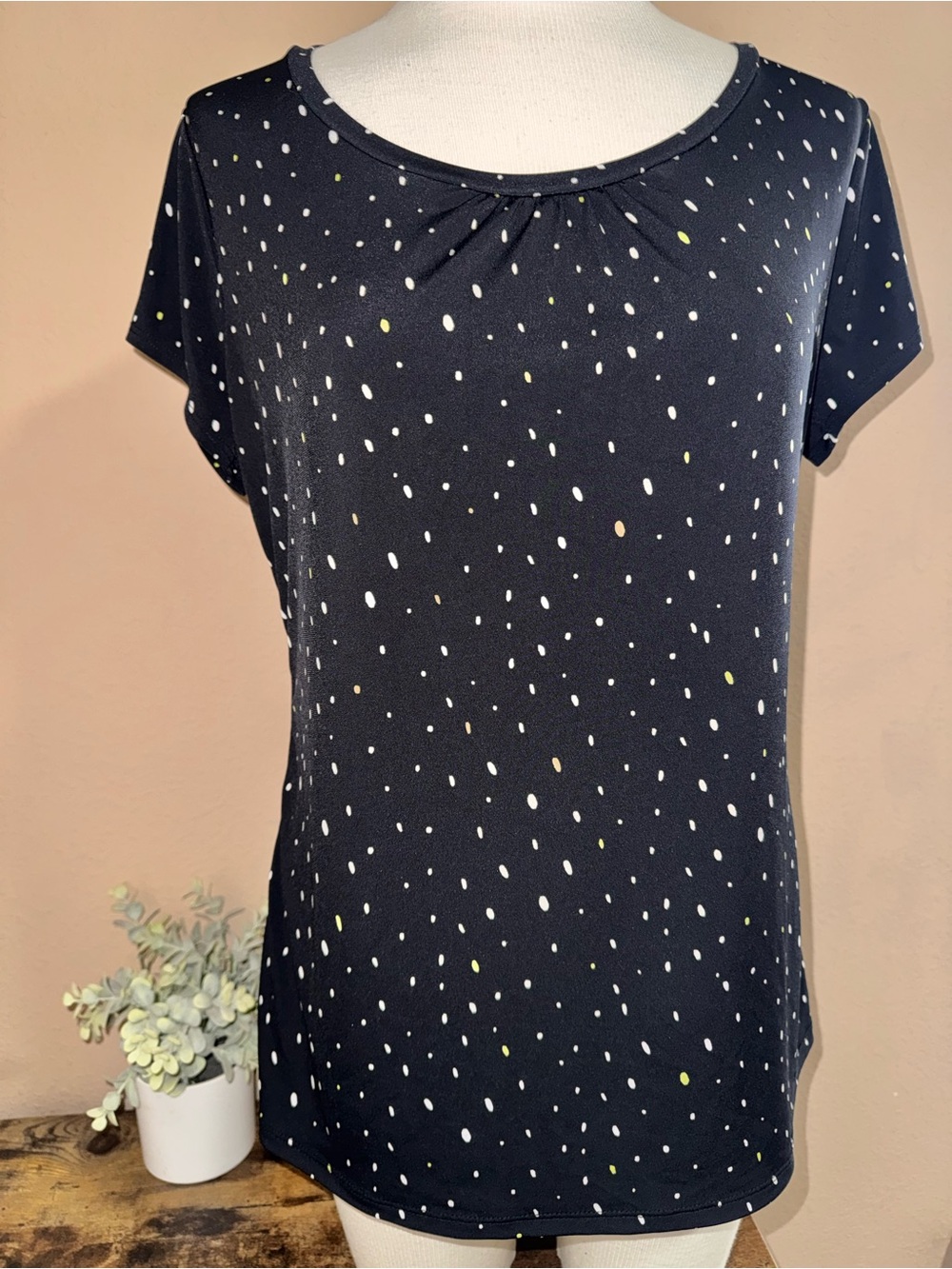 Worthington Black Short-Sleeve Dot-Print Tee with White and Lime Dots